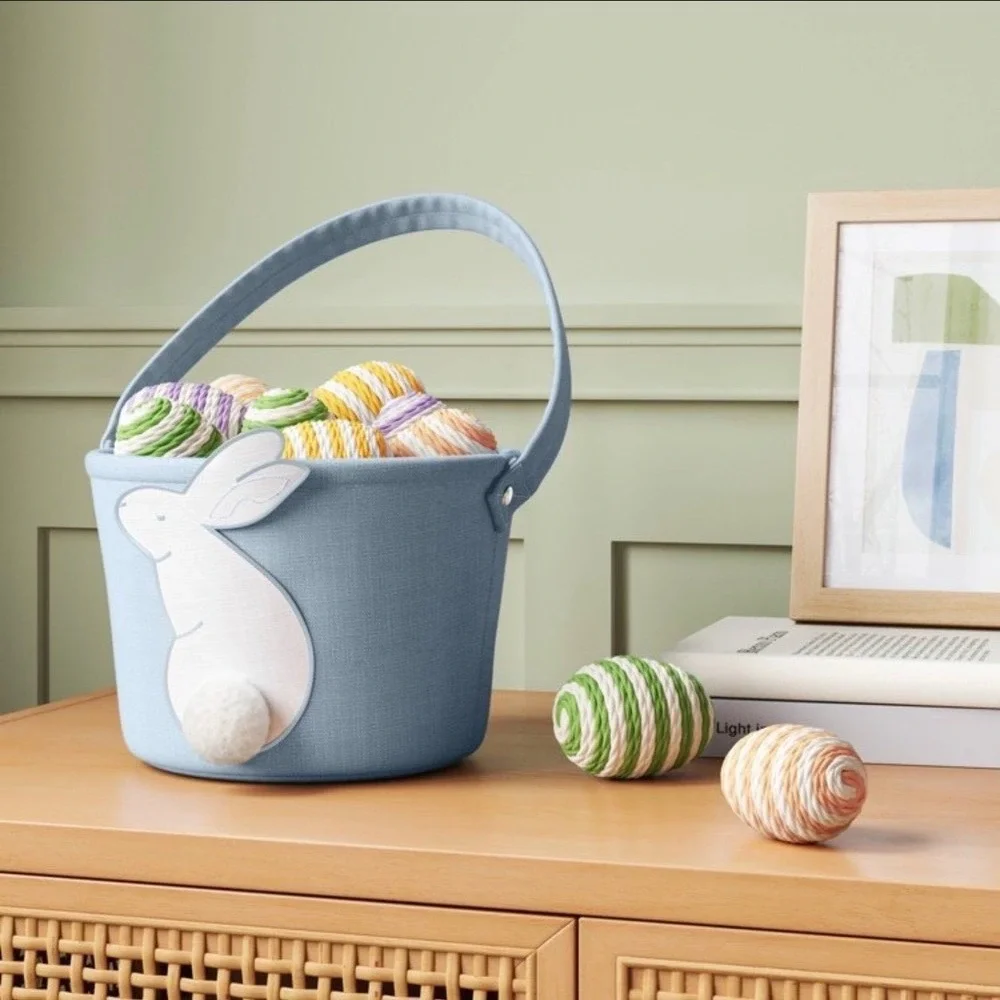 Threshold Blue Embroidered Bunny Easter‎ Basket Storage Tote with Pom Tail NEW